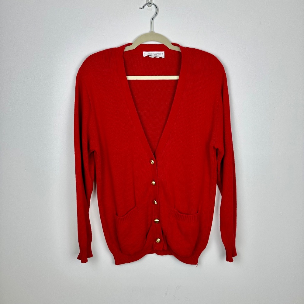 VINTAGE Ellen Lawrence Red V-Neck 100% Cotton Button Up Padded Shoulder Cardigan